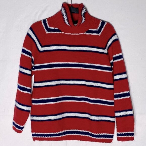 Handmade Knit Red White Blue Striped Turtleneck Sweater M - Picture 10 of 10